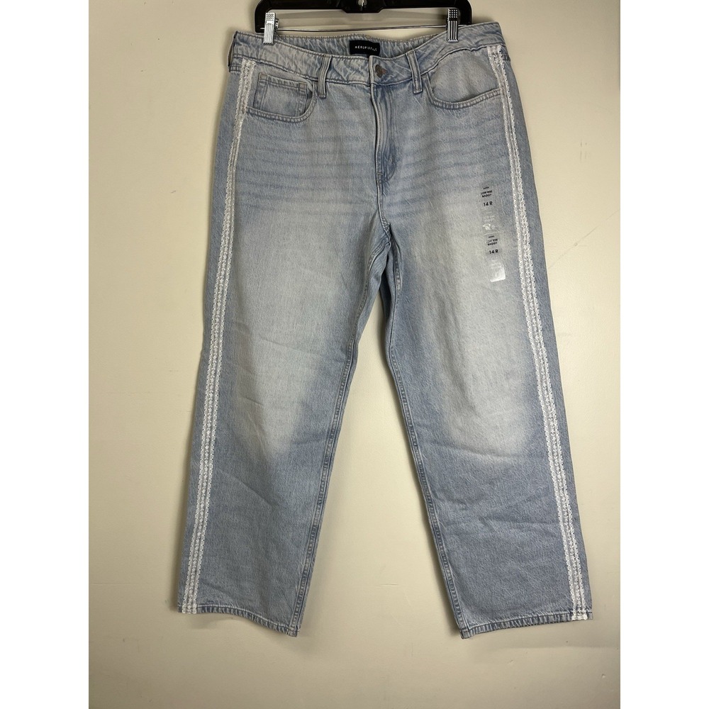 Aeropostale Low Rise Baggy Wide Leg Jeans Womens 14 Light Wash Lace Denim 36x30